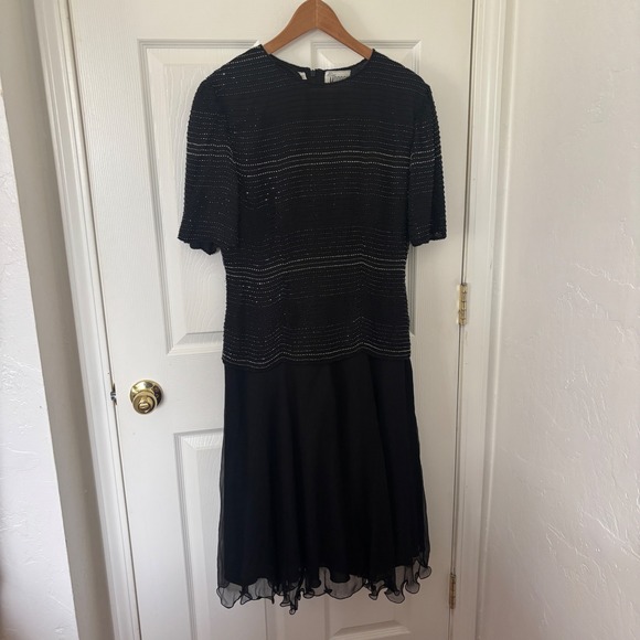 Vintage Miss Morgan Black Silk Beaded Sequin Cocktail Dress Short Sleeve Medium - Picture 3 of 5